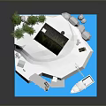 Red House With Solar Panel On Snowy Island Surrounded By Pine Trees Small Boat And Water