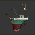 Vibrant Fishing Boat With Green Red White Hull Mast Crane And Small Cabin