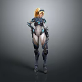 Futuristic Blonde Female Character In Sci Fi Armor With Blue Glowing Elements And Mechanical Parts 3d model