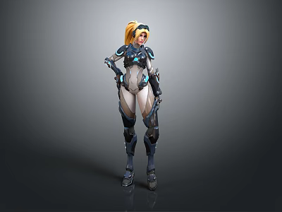 Futuristic Blonde Female Character In Sci Fi Armor With Blue Glowing Elements And Mechanical Parts 3d model