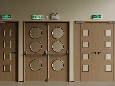 Building Emergency Exit Doors Featuring Circular And Square Glass Panels With Safety Signs 3d model