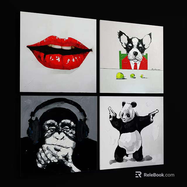 Animal Paintings Featuring Monkey Dog Panda Characters in Modern Artistic Style 3d model 