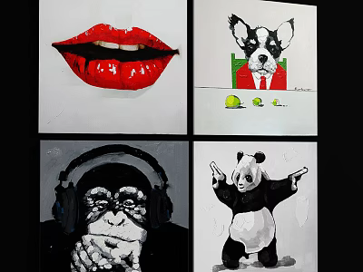 Animal Paintings Featuring Monkey Dog Panda Characters in Modern Artistic Style 3d model