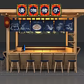 Japanese Style Snack Stall With Wooden Structure Blue Curtains Signboards And Pork Knuckles