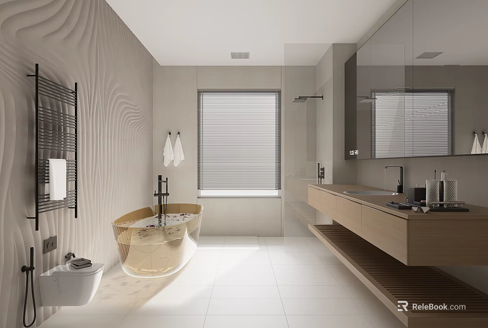 Modern Bathroom Interior Design With Wavy Textured Walls Freestanding Bathtub Wooden Vanity And Window Blinds 3d model 