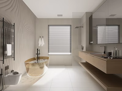 Modern Bathroom Interior Design With Wavy Textured Walls Freestanding Bathtub Wooden Vanity And Window Blinds 3d model