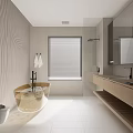Modern Bathroom Interior Design With Wavy Textured Walls Freestanding Bathtub Wooden Vanity And Window Blinds
