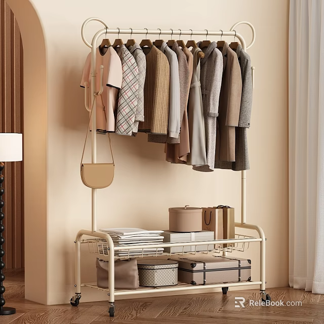 Stylish Clothes Hanging On Clothing Rack With Folded Clothes Storage Boxes And Small Bag 3d model 