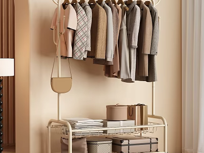 Stylish Clothes Hanging On Clothing Rack With Folded Clothes Storage Boxes And Small Bag 3d model