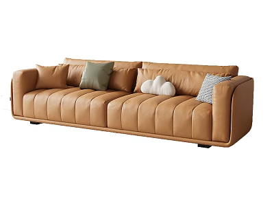 Modern Brown Leather Multi-seat Sofa with Green White Cloud Shaped and Striped Pillows 3d model