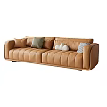 Modern Brown Leather Multi-seat Sofa with Green White Cloud Shaped and Striped Pillows