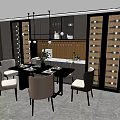 Modern Dining Table Set with Chairs Wine Racks and Hanging Chandelier 3d model