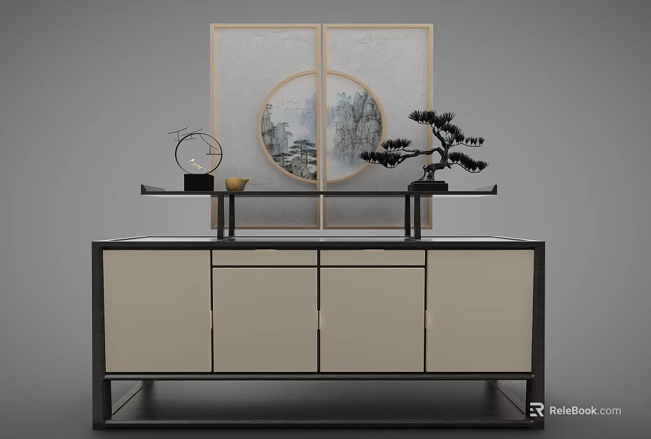 Modern Decorative Cabinet With Black Frame Beige Doors Pine Tree Ornament And Circular Landscape Painting 3d model 