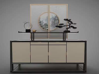 Modern Decorative Cabinet With Black Frame Beige Doors Pine Tree Ornament And Circular Landscape Painting 3d model