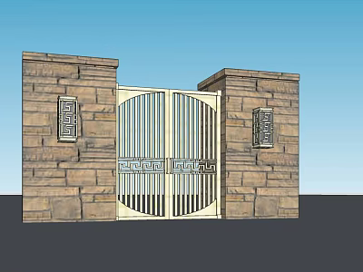 Elegant Entrance Gate With Metal Grille And Stone Pillar Decorative Panels 3d model