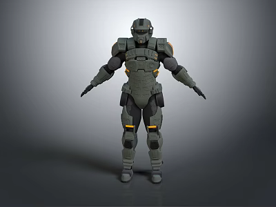 Futuristic Gray Armored Character In Mech Suit With Helmet And Yellow Accents 3d model