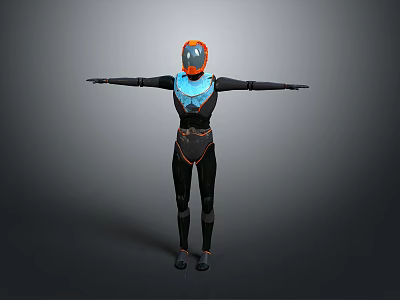 Humanoid Robot Character With Black Outfit Blue Orange Accents And Extended Arms 3d model