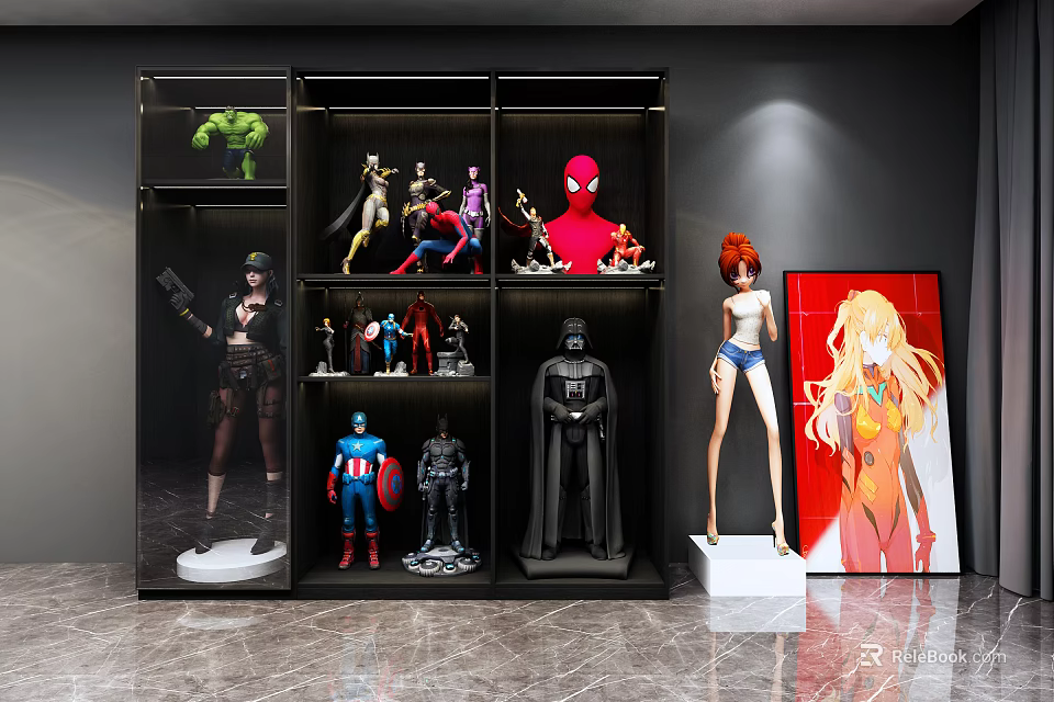 Collectible Action Figures Display In Modern Cabinet With Various Character Models And Poster 3d model 