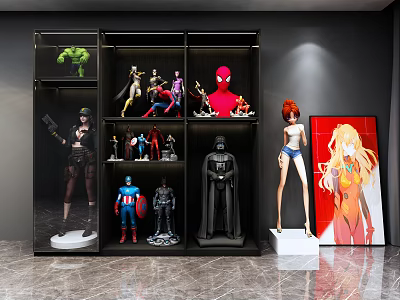 Collectible Action Figures Display In Modern Cabinet With Various Character Models And Poster 3d model