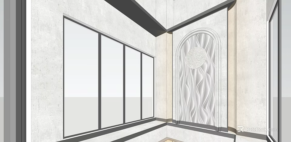 Modern Interior Design Space With Large Glass Windows Wavy Textured Wall And Circular Decoration 3d model 