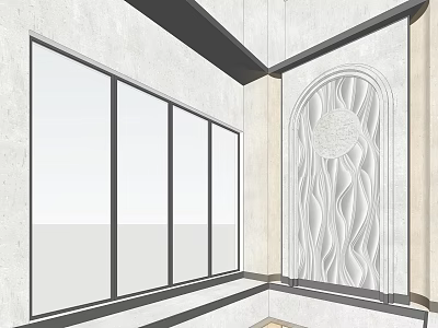 Modern Interior Design Space With Large Glass Windows Wavy Textured Wall And Circular Decoration 3d model
