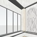 Modern Interior Design Space With Large Glass Windows Wavy Textured Wall And Circular Decoration