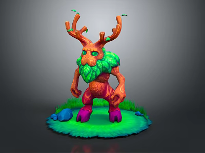 Colorful Tree Spirit Character With Branch Antlers Green Leaf Beard And Purple Feet On Grass 3d model
