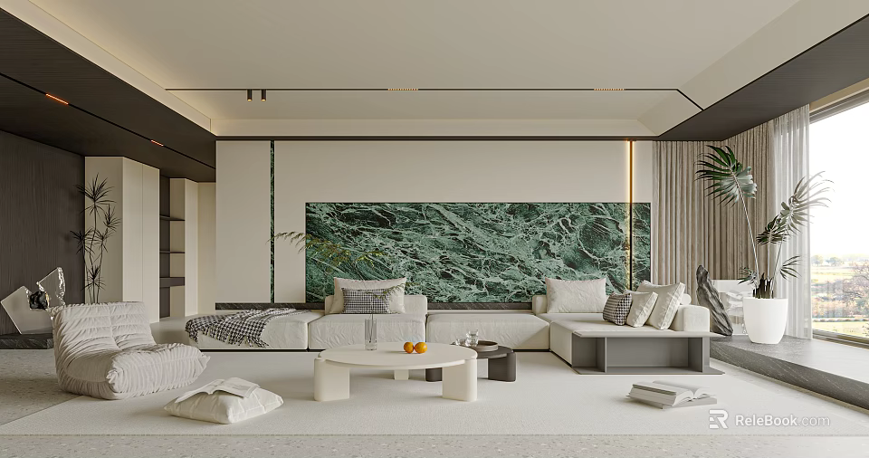 Modern Living Room Interior With Sofa Round Coffee Table And Marble Wall 3d model