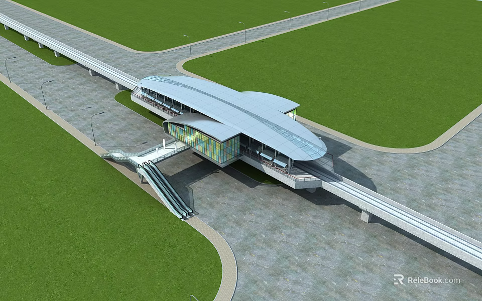 Modern Station Exterior With Sleek Curved Roof Green Lawn And Escalator 3d model 