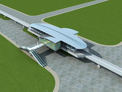 Modern Station Exterior With Sleek Curved Roof Green Lawn And Escalator 3d model