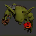 3D Fantasy Goblin Character With Green Skin Holding Trident Staff And Red Object