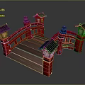 Traditional Japanese Style Red Bridge With Wooden Deck Black Roofs And Lanterns