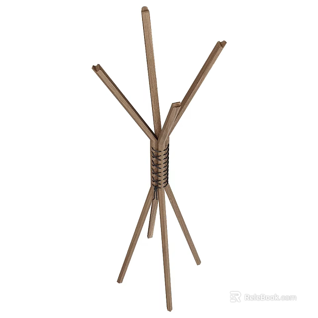 Natural Wooden Clothes Hanger With Tripod Base And Multiple Branches Design 3d model