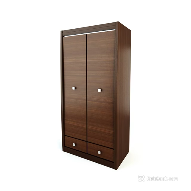 Dark Brown Wooden Storage Cabinet With Two Doors Drawers And Silver Handles 3d model 