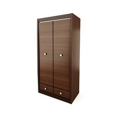 Dark Brown Wooden Storage Cabinet With Two Doors Drawers And Silver Handles 3d model