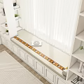 Bright White Window Bench With Beige Cushion Decorative Patterned Strip And Potted Plant