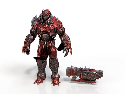 Armored Creature Warrior With Red Black Spiked Armor And Mechanical Weapon Device 3d model