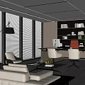 Modern Office Interior Design With Sofa Bookshelf And Large Windows 3d model