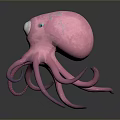 Pink Octopus With Large Green Eye Blue Spots And Long Tentacles On Dark Background