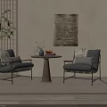 Cozy Interior With Leather Chairs Small Round Table Wooden Screen Plant And Decorative Painting