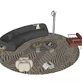 Modern Curved Gray Sofa and Coffee Table Set with Geometric Rug Metal Frame and Accent Chair