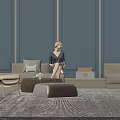 Elegant Sofa Coffee Table Set With Beige Upholstery Gold Accents And Blue Wall