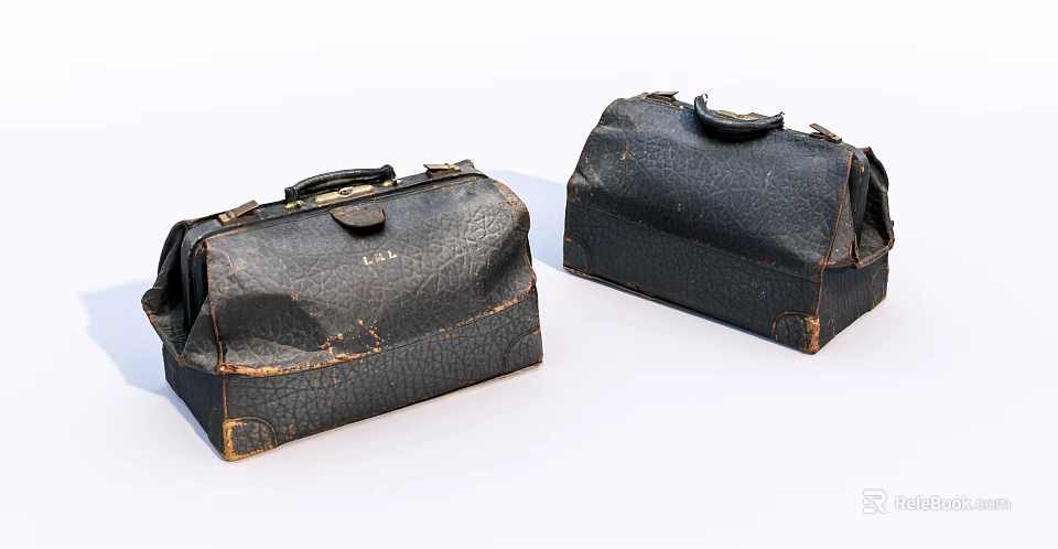 Vintage Black Leather Bags With Worn Surface Cracked Texture Metal Clasps and Handles 3d model 