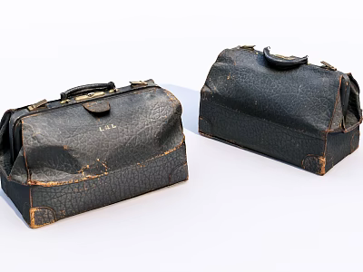 Vintage Black Leather Bags With Worn Surface Cracked Texture Metal Clasps and Handles 3d model
