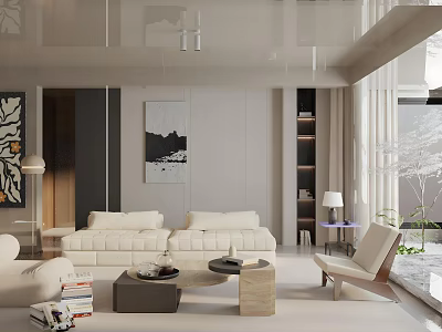 Modern Living Room Interior With White Sofas Coffee Tables Bookshelf And Artwork 3d model