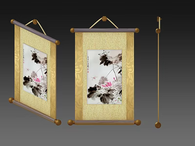 Birds In Traditional Chinese Ink Scroll Paintings With Lotus Flowers And Golden Accents 3d model