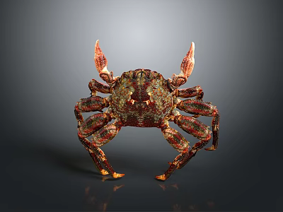 3D Model of Red and Gold Crab with Claws Legs on Dark Background with Reflection 3d model