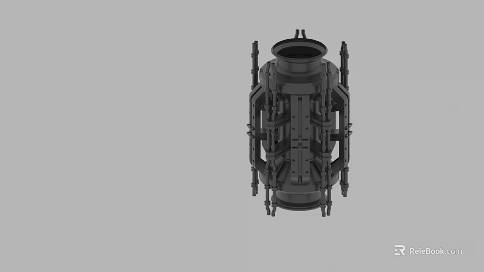 Black Mechanical Component With Multiple Support Structures And Central Hollow Cylinder 3d model 