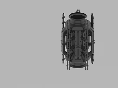 Black Mechanical Component With Multiple Support Structures And Central Hollow Cylinder 3d model