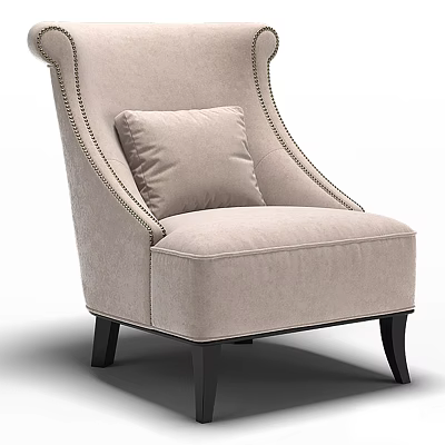 Beige Wingback Single Sofa With Nailhead Trim Decorative Pillow And Black Wooden Legs 3d model